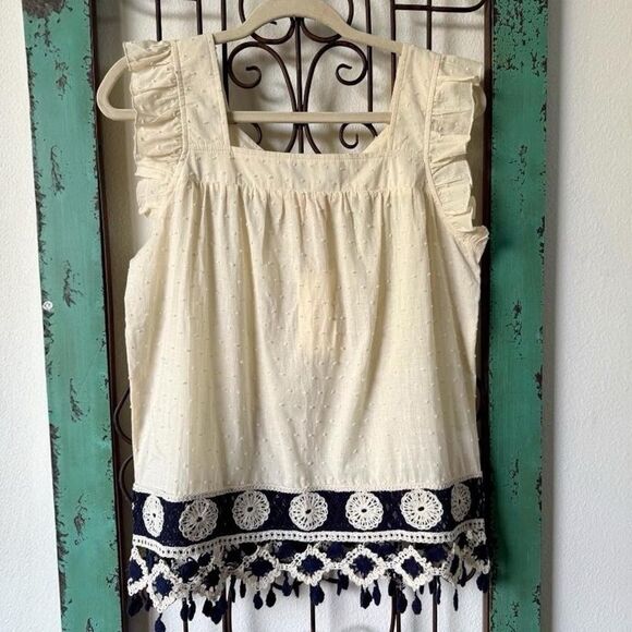 Summer top by Solitaire, gauze and contrasting blue decorative embroidery. - Picture 4 of 8